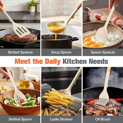 Silicone Cooking Utensils Set of 10 with Wooden Handle,No Scratch for Nonstick Cookware,Slotted Spoon&Spatula,Solid Spoon&Spatula,Large Measuring Ladle,Brush,Rice Paddle,Baking Turner&Flipper (Khaki)