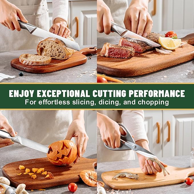 Knife Set, EWFEN 14-Piece Kitchen Knife Set with Block, German Stainless Steel Knives with Built-in Knife Sharpener, Anti-Slip Sharp Knives Set for Kitchen, Dishwasher Safe, Concave-dotted Handle - Image 6