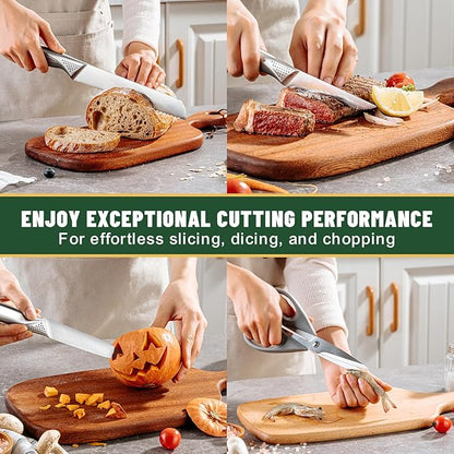 Knife Set, EWFEN 14-Piece Kitchen Knife Set with Block, German Stainless Steel Knives with Built-in Knife Sharpener, Anti-Slip Sharp Knives Set for Kitchen, Dishwasher Safe, Concave-dotted Handle - Image 6
