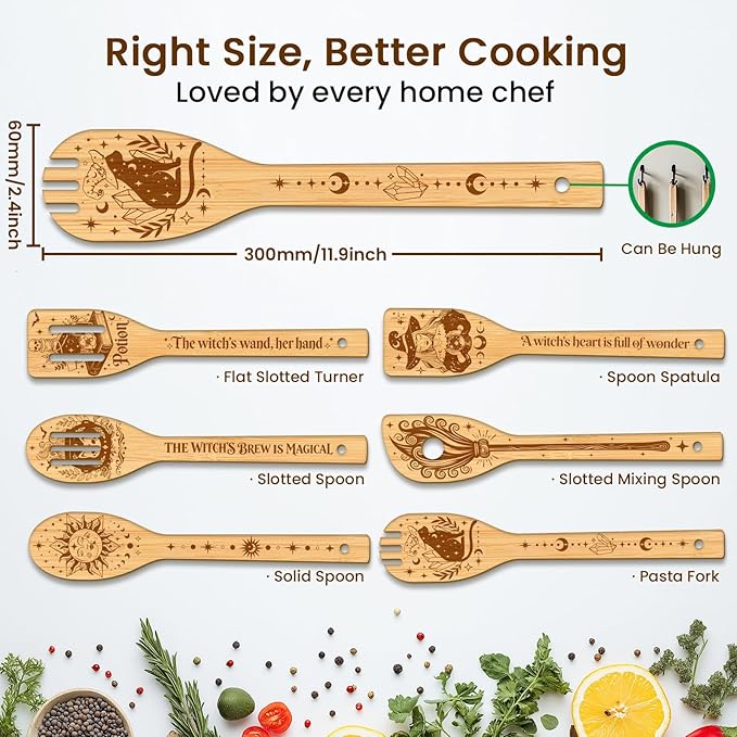 CUTHOLLOW 6PCS Magic Witch and Broom Wooden Kitchen Cooking Utensil Set, 11.9in Non Toxic Bamboo Wood Spoon Set for Cooking, Best Housewarming Birthday Thanksgiving Christmas Gift for Women Mother