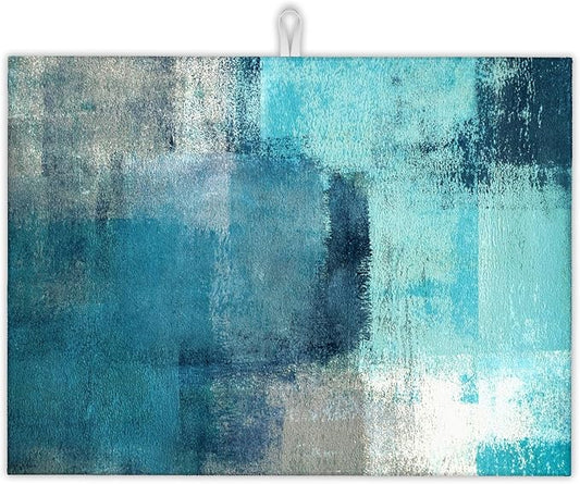 Teal Grey Abstract Art Dish Drying Mat, Drying Rack Pad Countertop Dishes Ultra Absorbent Microfiber Kitchen Counter Mat for Coffee Countertop Decor 18x24 Inch