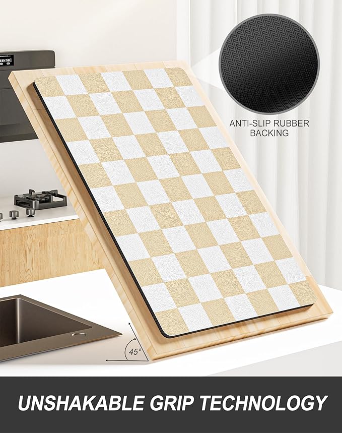 Rnivvi Dish Drying Mat for Kitchen Counter, 12 x 19" Cute Checkered Absorbent Draining Pad, Non-Slip Heat Resistant Coffee Bar Mats for Coffee Machine Station Accessories, Beige White Dish Rack Pad - Image 5