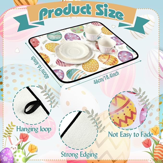 Breling Easter Dish Drying Mat for Kitchen 16 x 18 Inch Pastel Eggs Microfiber Absorbent Drying Reusable Washable Pad Easter Table Dishes Pad Protection Tableware Kitchen Accessories