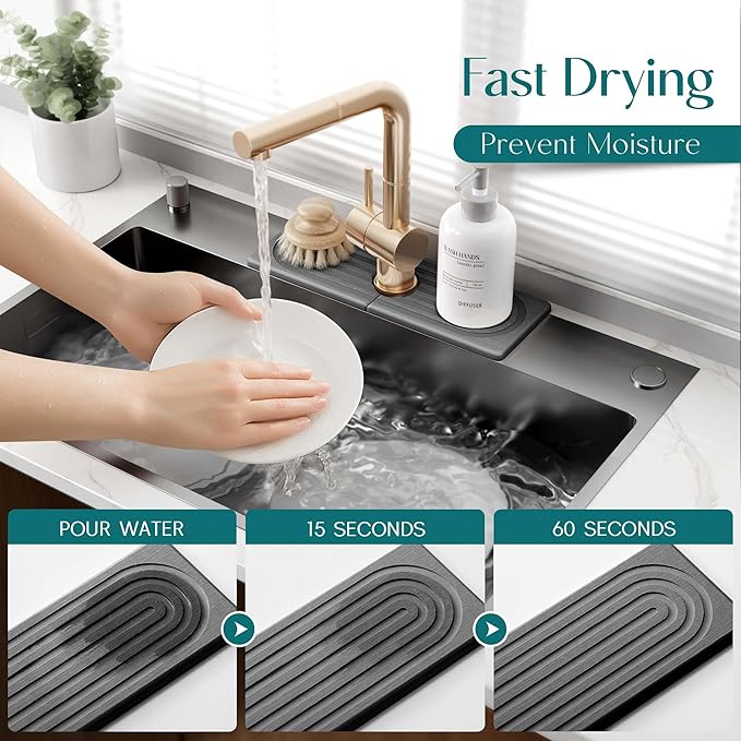 eormoe Faucet Mat for Kitchen Sink - Wider Diatomite Fast Drying Stone Sink Tray, Super Absorbent, Prevents Moisture Buildup - Faucet Splash Guard for Bathroom Counter (Dark Grey, 15x5.3inch) - Image 3