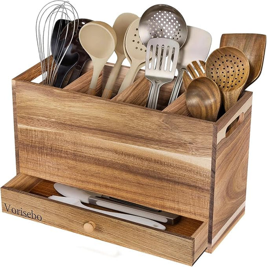 Acacia Wood Kitchen Utensil Holder for Countertop, Large Wooden Utensils Holder with 4 Compartment, Farmhouse Utensil Caddy with Drawer for Storage Cooking and Silverware