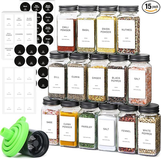 ComSaf 15Pcs 4oz Glass Spice Jars with Shaker Lids, 93 Labels, a Handy Funnel, a Pepper Grinder, Empty Spice Containers and Square Spice Bottles for Kitchen and Seasoning by ComSaf