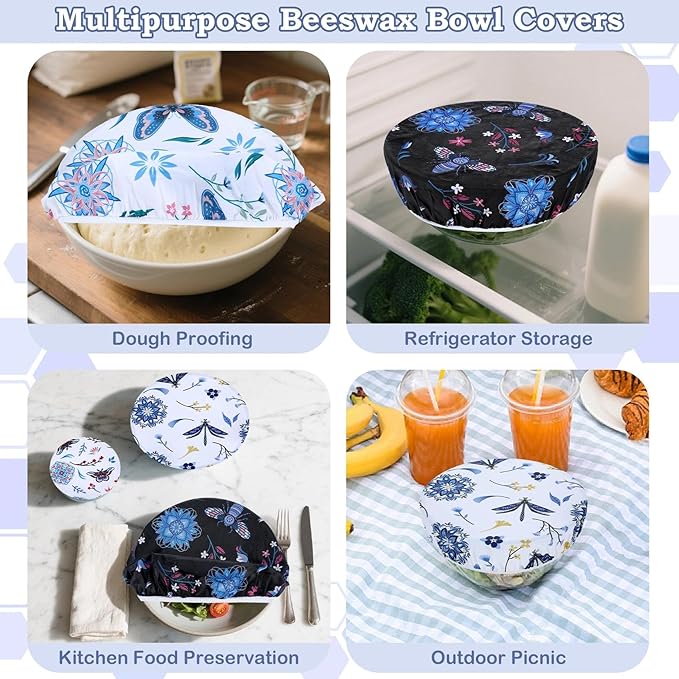 5-Size Reusable Beeswax Bowl Covers for Bread Proofing, Cotton Cloth Flexible Beeswax Wraps for Food Storage(Butterfly) - Image 5