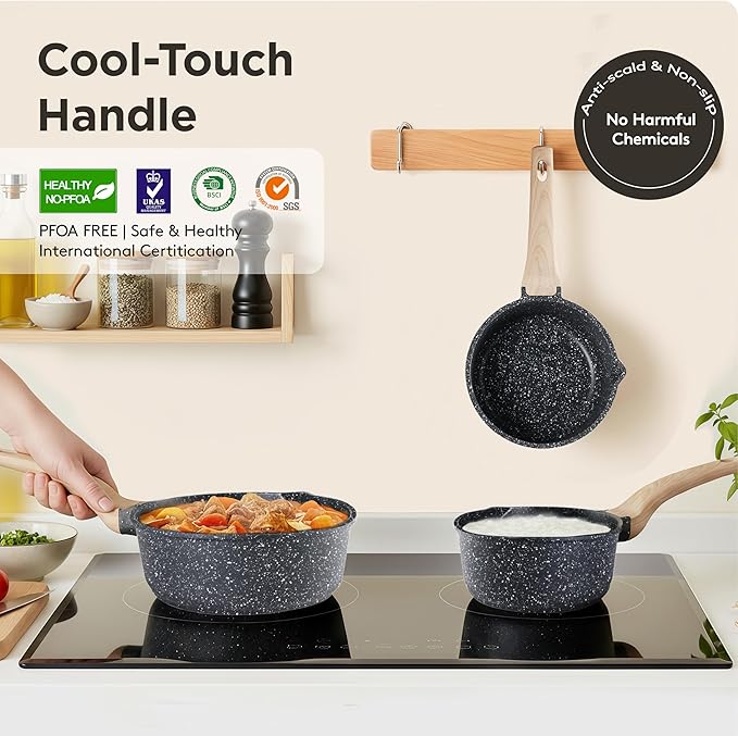 Sauce Pan Set with Lids,Nonstick Small Cooking Pots 1.5Qt&3Qt,Lightweight Non Stick Pots with Glass Lids for Fast Heating,Induction Compatible