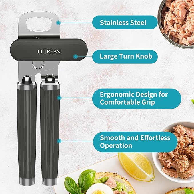 Ultrean Manual Can Opener Bottle Opener, Heavy Duty Stainless Steel Smooth Edge Manual Hand Held Can Opener With Soft Touch Handle, Rust Proof Oversized Handheld Easy Turn Knob (Gray) - Image 2