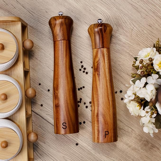 Haomacro 2 Pack 10 Inch Acacia Wooden Salt and Pepper Grinder Set, Manual Salt and Pepper Mills, Salt Grinder Refillable with Adjustable Coarseness, Ceramic/Stainless Steel Core Tableware Gifts - Image 4