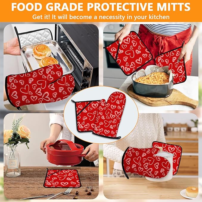 White Love Hearts Oven Mitts and Pot Holders Sets 4Pcs,Extra Long Oven Gloves Potholder for Kitchen Cooking Baking BBQ 100% Cotton Heat Resistant - Image 7