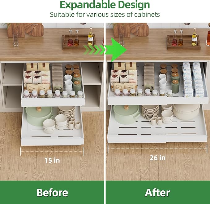 PAKETA 4 Pack Expandable Pull Out Cabinet Organizer, 21'' Deep Pull Out Drawers for Cabinet, Upgrade 3 Slide Rails Sliding Drawers for Cabinets with Adhesive Nano Film (White, 21"D X 15-26"W) - Image 3