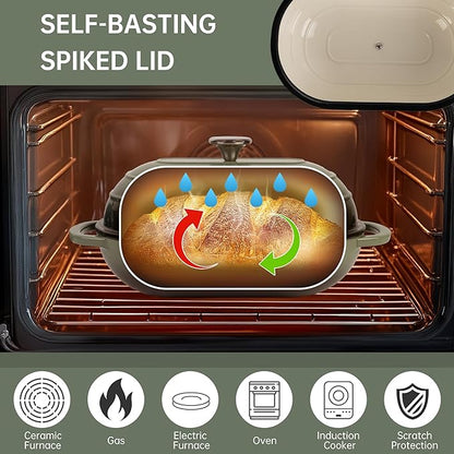 Premium Enameled Cast Iron Dutch Oven for Bread Baking | Non-Stick 5QT Oval Bread Oven with Lid | Perfect for Sourdough, Loaf, and Artisan Baking (Oval Green, 5 QT)