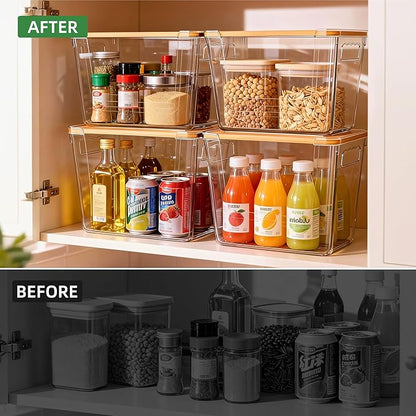 4 Pack Clear Storage Bins with Bamboo Lid, Garbage Bag Dispenser, Pantry Organizers and Storage for Onion Potato, Under Sink Organizer for Kitchen Laundry Room
