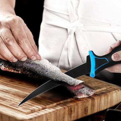 FLISSA Fillet Knife Set, Boning Knife & Bait Knives with Sharpener, Protective Sheath, Belt Clip, Non-Slip Handle, Portable Pouch & Corrosion Resistant Coating Blade, for Fresh or Saltwater (4-Piece)