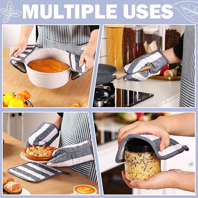 Reallnaive Oven Mitts and Pot Holders 4 Pcs Set for Kitchen, Stripe Cotton Oven Mitten Gloves Hot Pads Heat Resistant 500°f Outdoor Indoor Garden Baking Cooking BBQ Gift Hanging Loop, Beige (Gray) - Image 7
