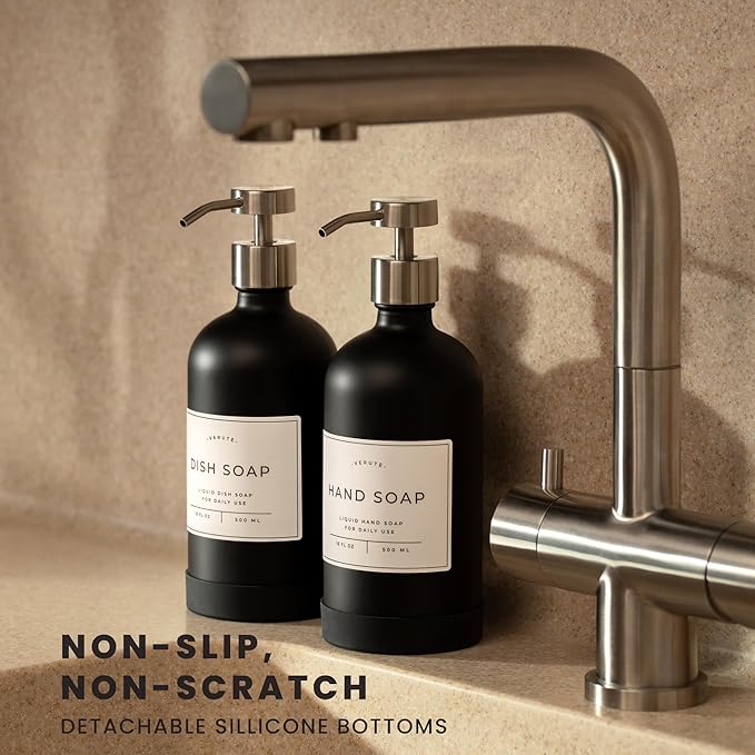 Hand and Dish Soap Dispenser for Kitchen and Bathroom, Set of 2 16 Oz Glass Bottles, Stainless Steel Pumps, Non-Slip Silicone Base, 27 Waterproof Labels (Matte Black Bottle/Brushed Silver Pump) - Image 2