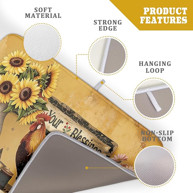 Giwawa Farmhouse Rooster Dish Drying Mat Vintage Chicken Sunflowers Dish Drainer Mats 18"x24" Rustic Primitive Microfiber Reversible Dish Drying Rack Pad Protector for Kitchen Countertop Decor