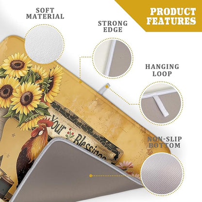 Giwawa Farmhouse Rooster Dish Drying Mat Vintage Chicken Sunflowers Dish Drainer Mats 18"x24" Rustic Primitive Microfiber Reversible Dish Drying Rack Pad Protector for Kitchen Countertop Decor