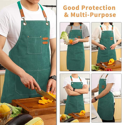 Tosewever Canvas Cross Back Chef Cotton Aprons for Men Women with Large Pockets - Image 3