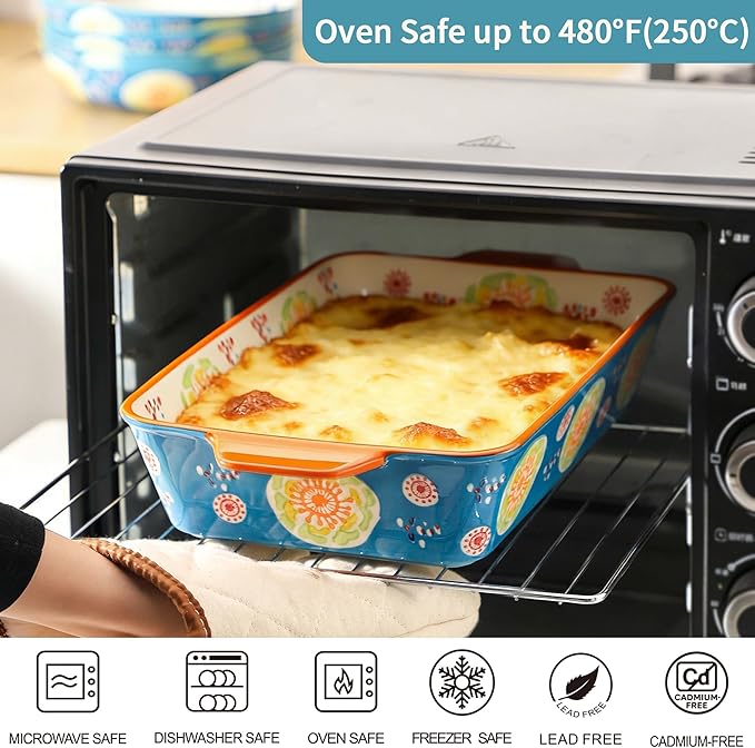Ceramic Baking Dish Set of 2, 3QT & 1.2QT Stoneware Casserole Dishes for Oven, Rectangular Bakeware with Handles, Oven Safe 480°F, Microwave Dishwasher Safe, Lasagna & Brownie Pan - Ocean Blue