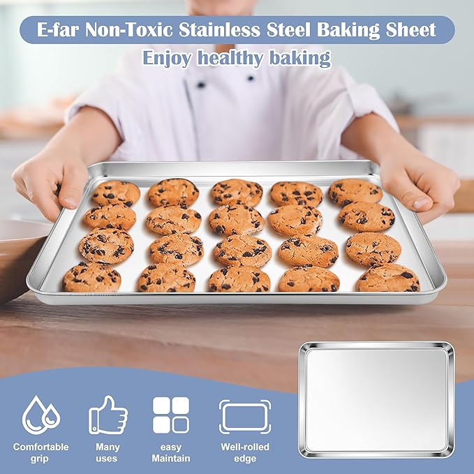 E-far Stainless Steel Baking Sheets Set of 3, 12.4” x9.7” Baking Cookie Sheets Pans for Oven, Non-toxic Metal Trays for Cake Cookies, Healthy & Rust Free, Mirror Finish & Dishwasher Safe - Image 6