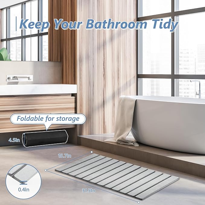 AWW Foldable Stone Bath Mat, Quick Dry Diatomaceous Earth Bath Mat with Non-Slip Mat, Super Absorbent, Easy to Clean, Compact for Small Bathrooms, 31.5 x 15.7, Light Grey - Image 5