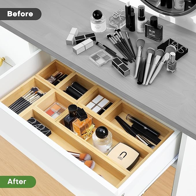 Bamboo Drawer Organizer Set, 9 PCS Multi-Use Individual Wood Storage Organizers, Junk Drawer Divider and Storage Trays Containers for Kitchen, Bathroom, Office Desk, Makeup, Jewelry, Utensils - Image 4