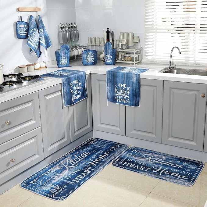 Fourluoo 10 Pcs Farmhouse Kitchen Decor and Accessories Set 4 Kitchen Towels 2 Pot Holders 2 Oven Mitts 2 Rugs for Cooking Baking Mom Housewarming Gifts(Blue,Classic Style) - Image 7