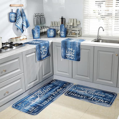 Fourluoo 10 Pcs Farmhouse Kitchen Decor and Accessories Set 4 Kitchen Towels 2 Pot Holders 2 Oven Mitts 2 Rugs for Cooking Baking Mom Housewarming Gifts(Blue,Classic Style) - Image 7