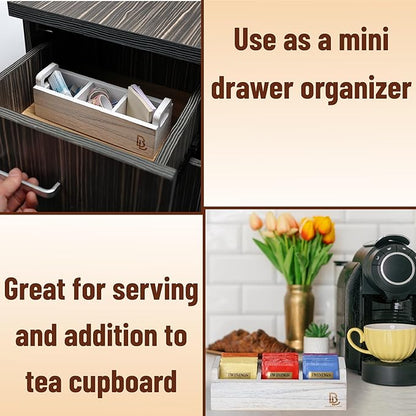 BAMBOO LAND- Wooden Tea Bag Organizer, 3 Slot Small Wooden Tea Bag Holder for Countertop, Small Storage Caddy Box for Tea Packets, Sugar Packet Holder, Kitchen Accessory for Home, Office, Coffee Bar