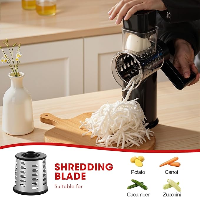 Rotary Cheese Grater Hand Crank with Foldable Handle, 3 Stainless Steel Blades, Perfect Graters for Kitchen, Manual Cheese Shredder Hand Crank with Suction Base, Rotary Grader, (Black) - Image 5