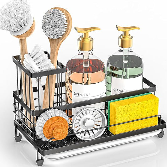 Cisily Large Capacity Kitchen Sink Caddy Organizer, Rustproof Non-Slip Sponge Holder With Dish Brush Holder Organizer, Kitchen Organization and Storage, Essentials Accessories for Countertop by CISILYHOMELIFE