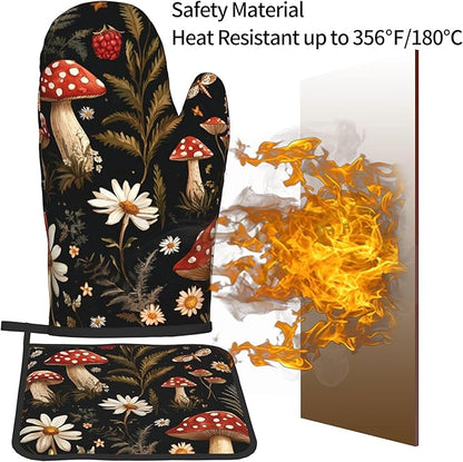 Mushroom Oven Mitt Pot Holder Set Vintage Floral BBQ Cooking Gloves with Loop Baking Grilling Kitchen Gifts for Spring Summer - Image 5