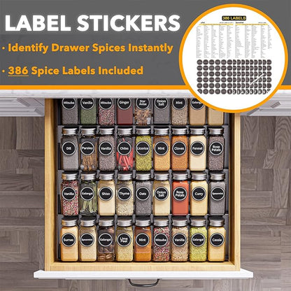 SpaceAid Spice Drawer Organizer with 36 Spice Jars, 386 Spice Labels, 4 Tier Seasoning Rack Tray Insert for Kitchen Drawers, 16.75" Wide x 17.5" Deep - Image 3