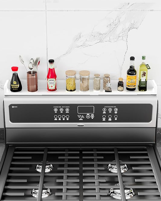 SZJHXIN 4X Strong Magnetic Stove Top Shelf, Adjustable 15-30 Inches, Fits Various Stove Lengths, Kitchen Organizer, Holds Spices, Condiments and BBQ Sauces (White)