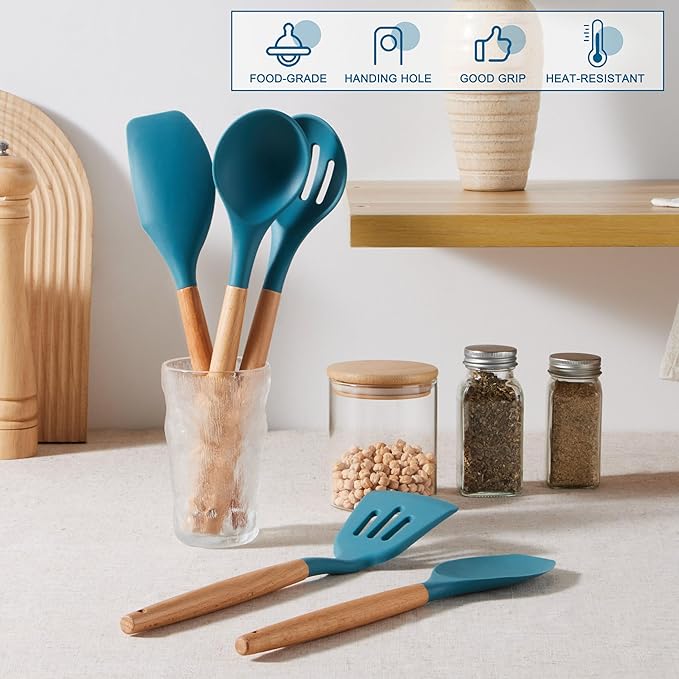 E-far Blue Silicone Cooking Utensils Set, 10-Piece Kitchen Utensils Set with Wooden Handle for Nonstick Cookware, Heat Resistant Kitchen Nonstick Tools Spatula Whisk Tongs Ladle, Non-toxic & Healthy - Image 5