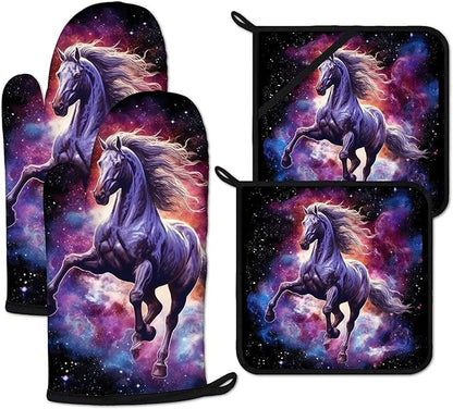 Horse Purple Galaxy Space Oven Mitts and Pot Holders Sets Heat Resistant 4Pcs Potholders Oven Gloves Hot Pads for Kitchen Baking Cooking Grilling BBQ