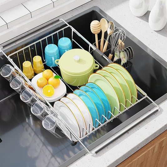 Simple Trending Expandable Dish Drying Rack in Sink, Adjustable Dish Drainers for Small Kitchen, Counter Inside Sink, Over The Sink with Utensil Holder by SimpleTrending