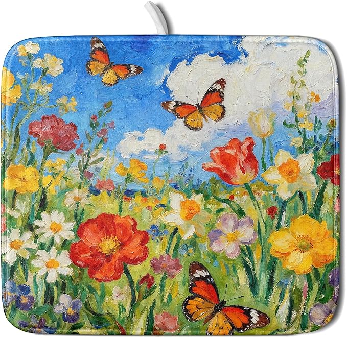 Cute Floral Dish Drying Mat Small for Kitchen Counter 16x18, Spring Summer Decorative Absorbent Reversible Microfiber Kitchen Countertop Protector Dishes Drainer Pad, Watercolor Flower Butterfly by Aytipun