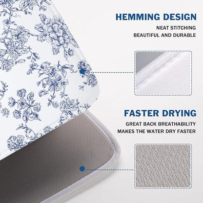 Blue Floral Dish Drying Mat for Kitchen Counter Chinoiserie Flower Microfiber Dish Drainer Mat Vintage Rustic Elegant Absorbent Washable Drying Pad Extra Large 18"x24"