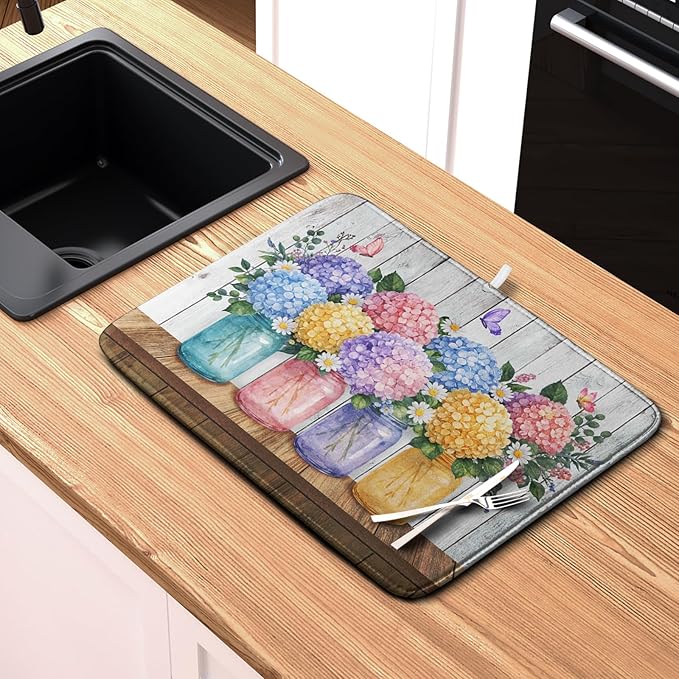 Hydrangea Dish Drying Mat for Kitchen Counter Spring Summer Floral Vases dish mat Microfiber Absorbent Dish Drainer Pad Rustic Farmhouse Floral Wooden Board Dish Draining Mats 16x18 Inch - Image 6