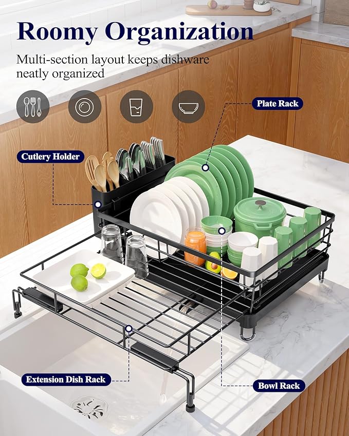 Kitsure Extendable Dish Drying Rack - Rust-Resistant Dish Racks for Kitchen Counter with Adjustable Support Legs, Cutlery Holder & Removable Draining Tray (Black, 15.6''-25.2''L × 16.9''W × 8.1''H) - Image 2