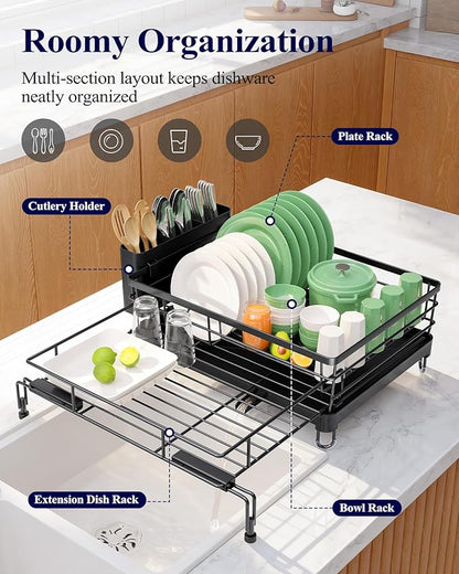 Kitsure Extendable Dish Drying Rack - Rust-Resistant Dish Racks for Kitchen Counter with Adjustable Support Legs, Cutlery Holder & Removable Draining Tray (Black, 15.6''-25.2''L × 16.9''W × 8.1''H) - Image 2