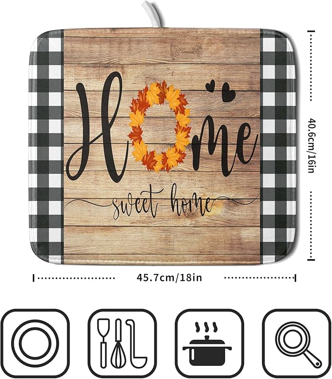 Giwawa Home Sweet Home Dish Drying Mat 16x18 Inch Fall Autumn Maple Leaf Wreath Dish Drainer Mats Rustic Brown Wood Board Microfiber Dish Drying Rack Pad for Kitchen Countertop Farmhouse Decor