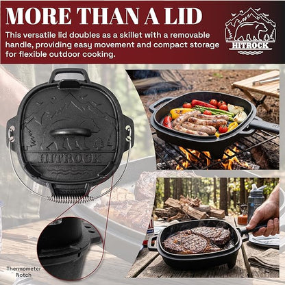 HITROCK Cast Iron Camp Dutch Oven with Legs 4QT, Pre-Seasoned Camping Dutch Oven with Lid,Outdoor Pot with Lid Lifter, Storage Bag & Handle for Camping, Baking, Grilling, Rounded-square Shape
