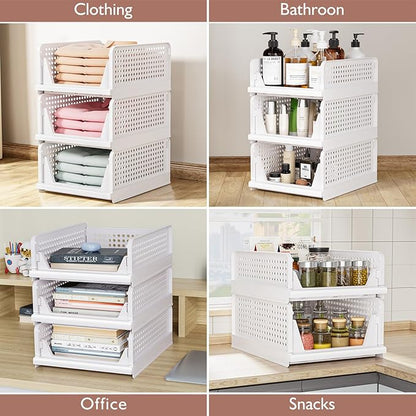 4 Pack Folding Closet Organizers Storage Box, Stackable Storage Bins, Plastic Drawer Basket Closet Storage for Wardrobe Cupboard Kitchen Bathroom Office White-4L - Image 7