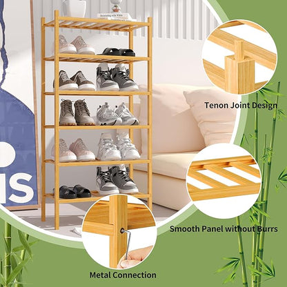 ROMGUAR CRAFT 6-Tier Bamboo Small Shoe Rack, Free Standing Wood Shoe Shelf Storage Organizer for Closet Entryway Stackable (Natural) - Image 5