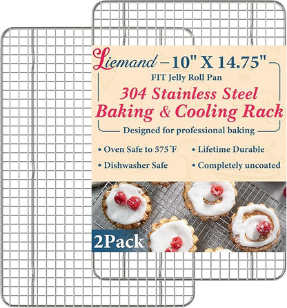 Cooling Racks for Cooking and Baking - 10"x14.75" Oven Safe Premium Stainless Steel Heavy Duty Baking Rack Tight-Wire, Fits Jelly Roll Pan Rack for Roasting & Grilling & Cooking - Set of 2 by LIEMAND