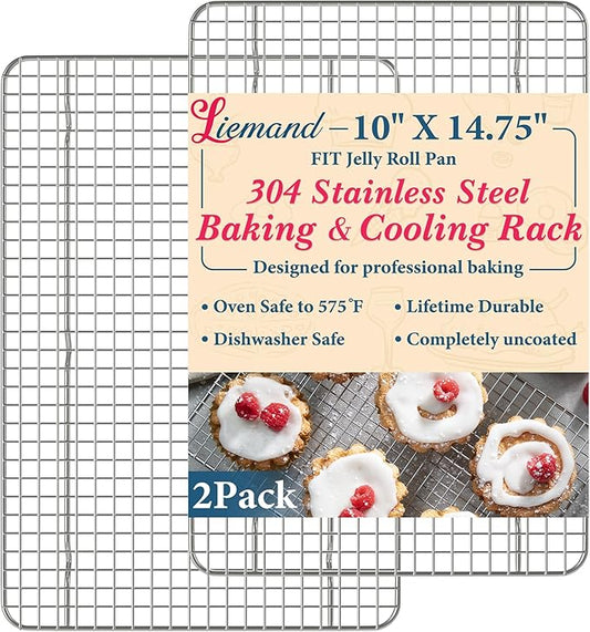 Cooling Racks for Cooking and Baking - 10"x14.75" Oven Safe Premium Stainless Steel Heavy Duty Baking Rack Tight-Wire, Fits Jelly Roll Pan Rack for Roasting & Grilling & Cooking - Set of 2 by LIEMAND